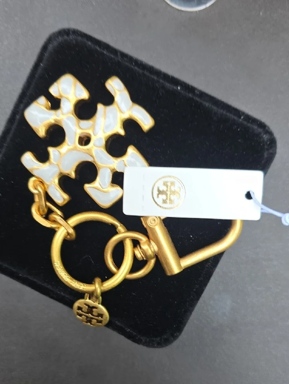 Tory Burch Gold and White Double-T Enamel Keyring